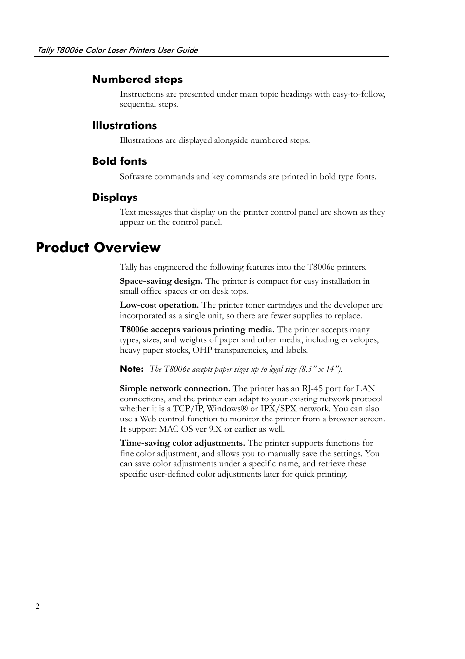 Numbered steps, Illustrations, Bold fonts | Displays, Product overview | Tally Genicom Tally Colour Laser T8006e User Manual | Page 10 / 200