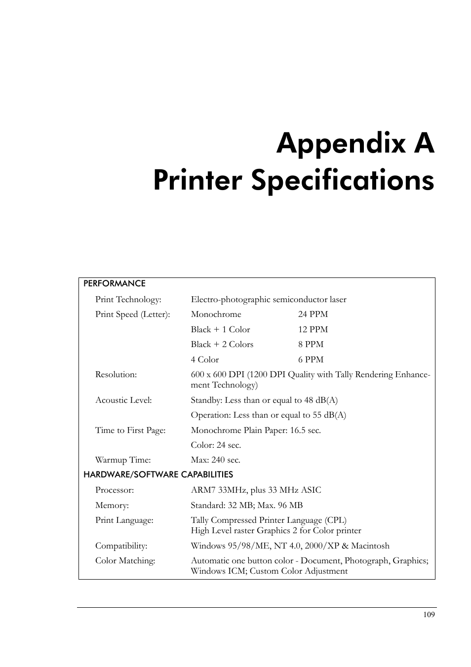 Appendix a printer specifications, Appendix a, Printer specifications | Tally Genicom Tally Colour Laser T8006e User Manual | Page 117 / 200