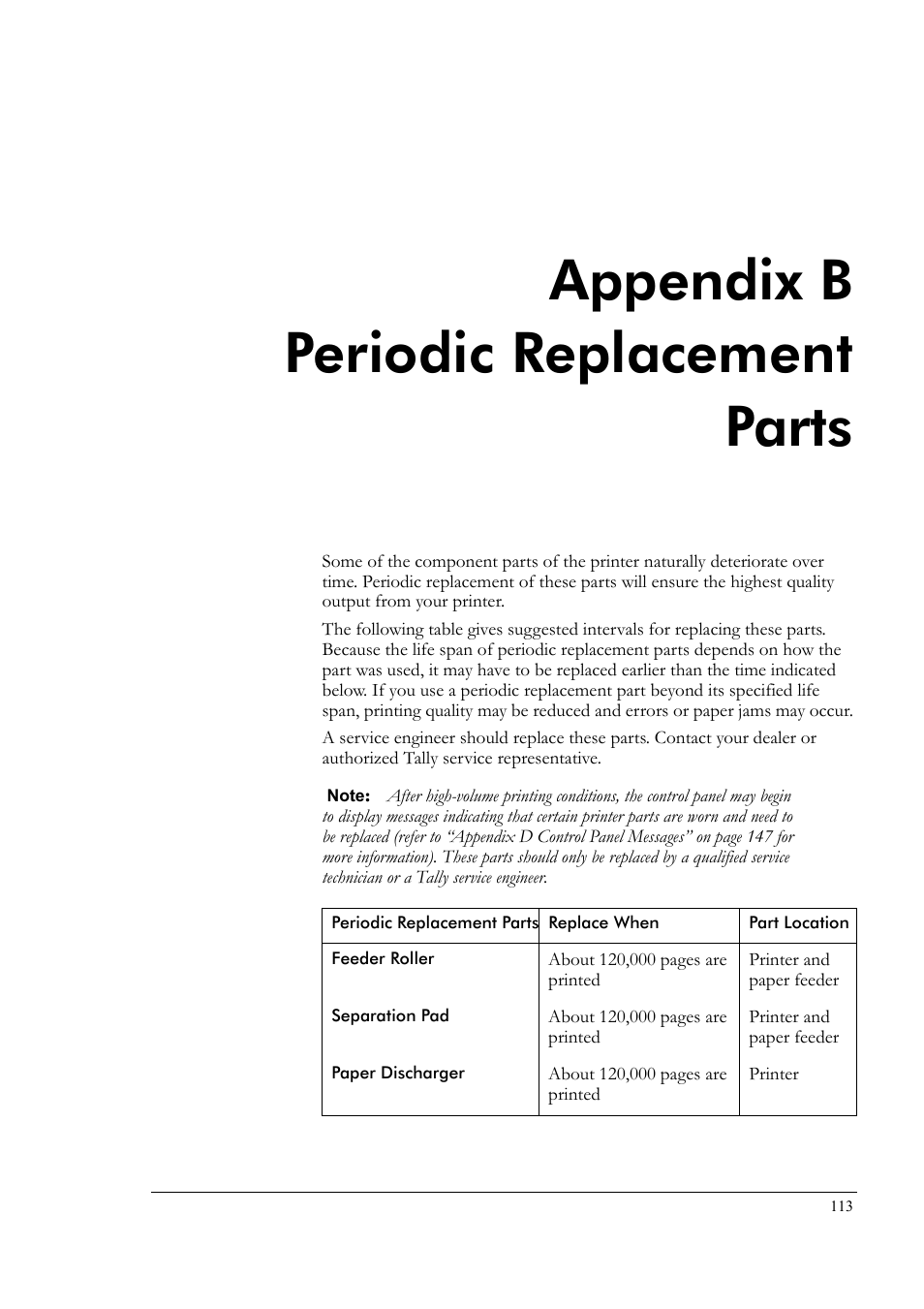 Appendix b periodic replacement parts, Appendix b, Periodic replacement parts | Placement, see “appendix b periodic | Tally Genicom Tally Colour Laser T8006e User Manual | Page 121 / 200