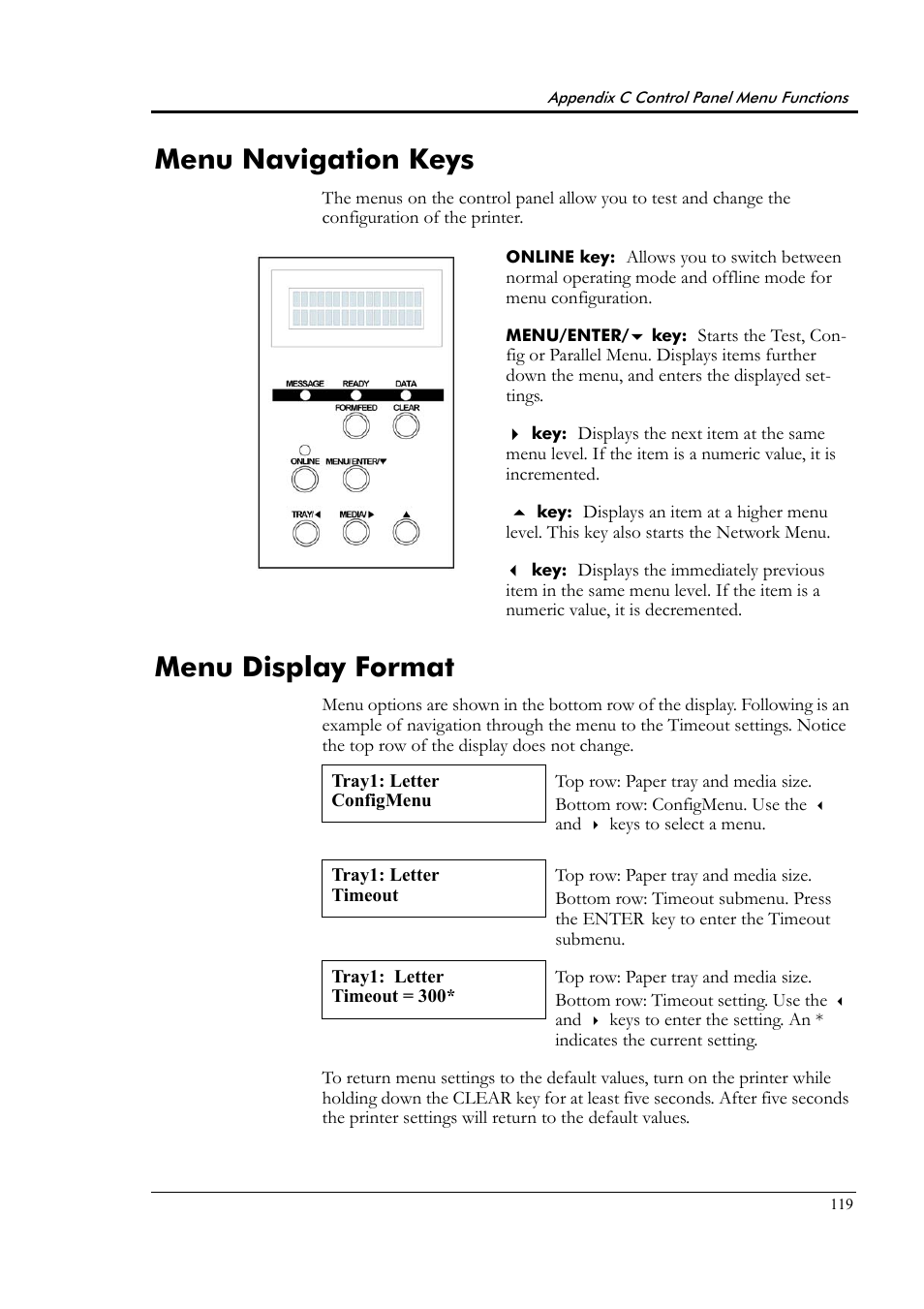 Menu navigation keys, Menu display format, Menu navigation keys menu display format | Tally Genicom Tally Colour Laser T8006e User Manual | Page 127 / 200