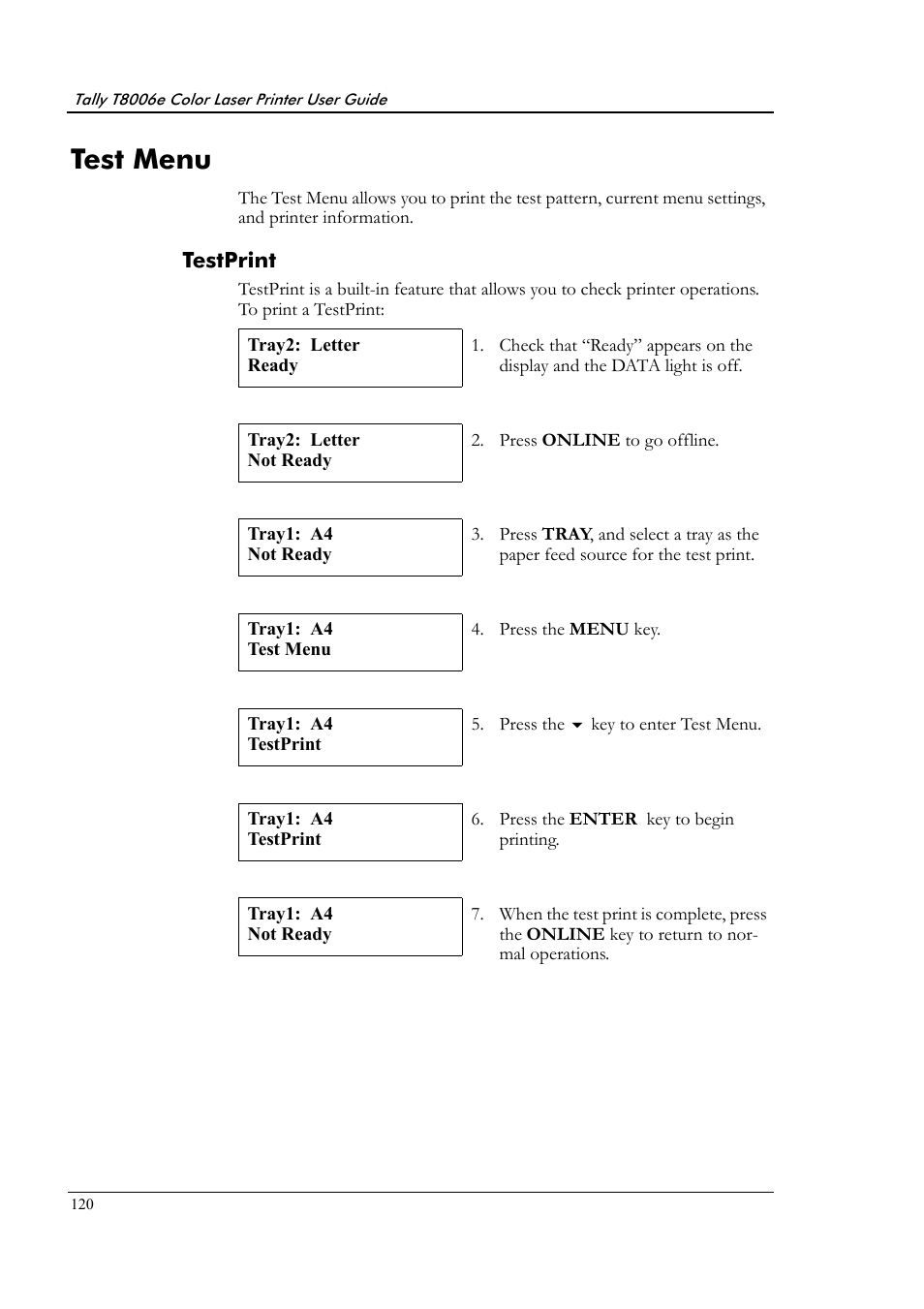 Test menu, Testprint | Tally Genicom Tally Colour Laser T8006e User Manual | Page 128 / 200