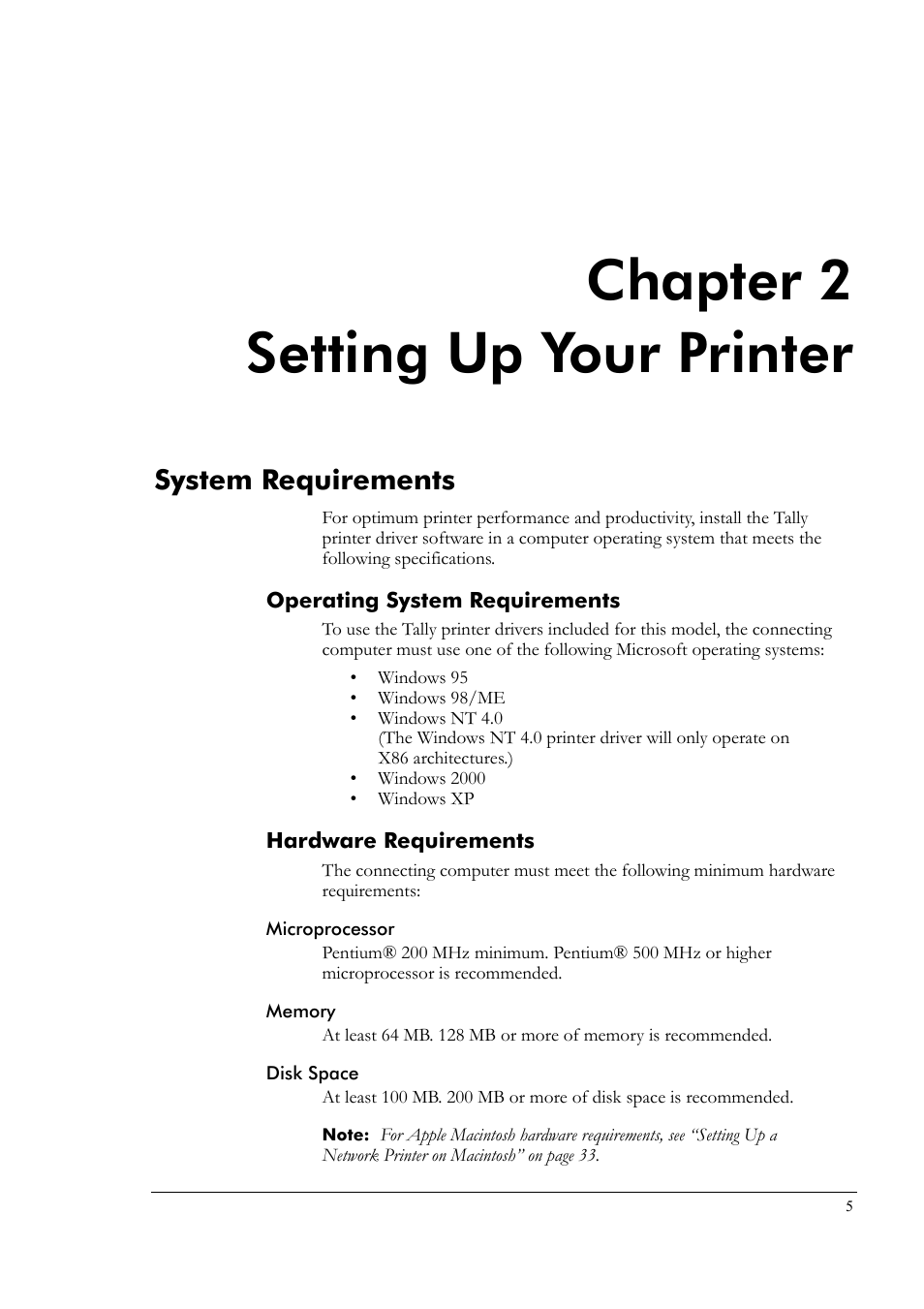 Chapter 2 setting up your printer, System requirements, Operating system requirements | Hardware requirements, Microprocessor, Memory, Disk space, Chapter 2, Setting up your printer | Tally Genicom Tally Colour Laser T8006e User Manual | Page 13 / 200