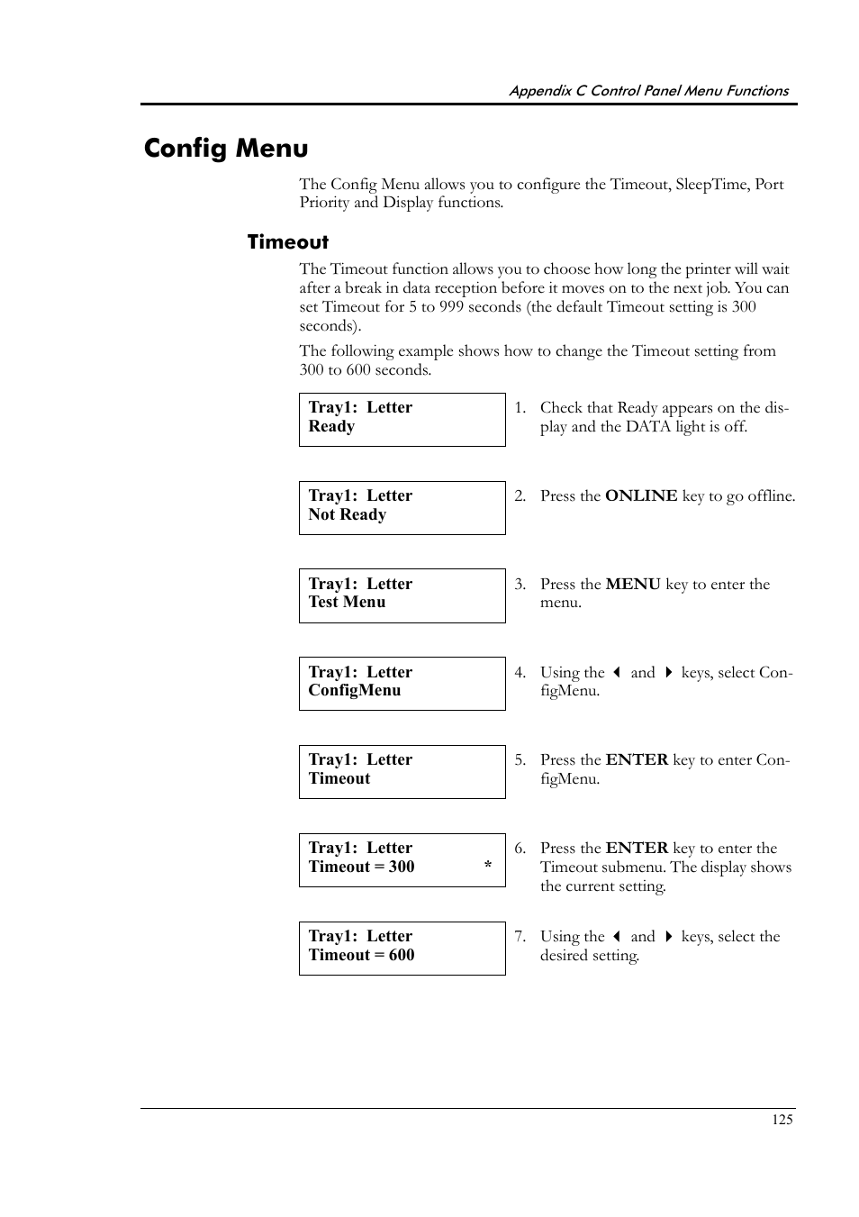 Config menu, Timeout | Tally Genicom Tally Colour Laser T8006e User Manual | Page 133 / 200