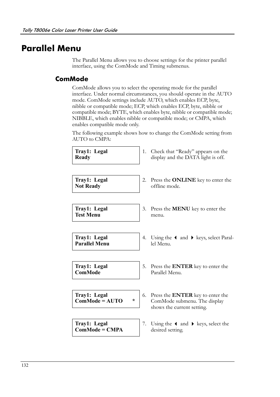 Parallel menu, Commode | Tally Genicom Tally Colour Laser T8006e User Manual | Page 140 / 200