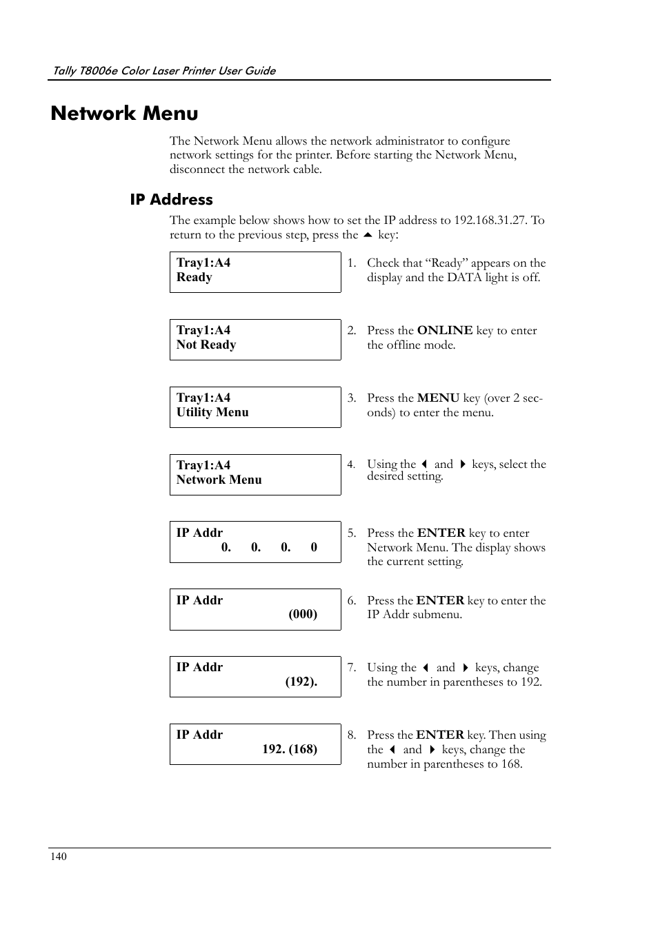 Network menu, Ip address | Tally Genicom Tally Colour Laser T8006e User Manual | Page 148 / 200
