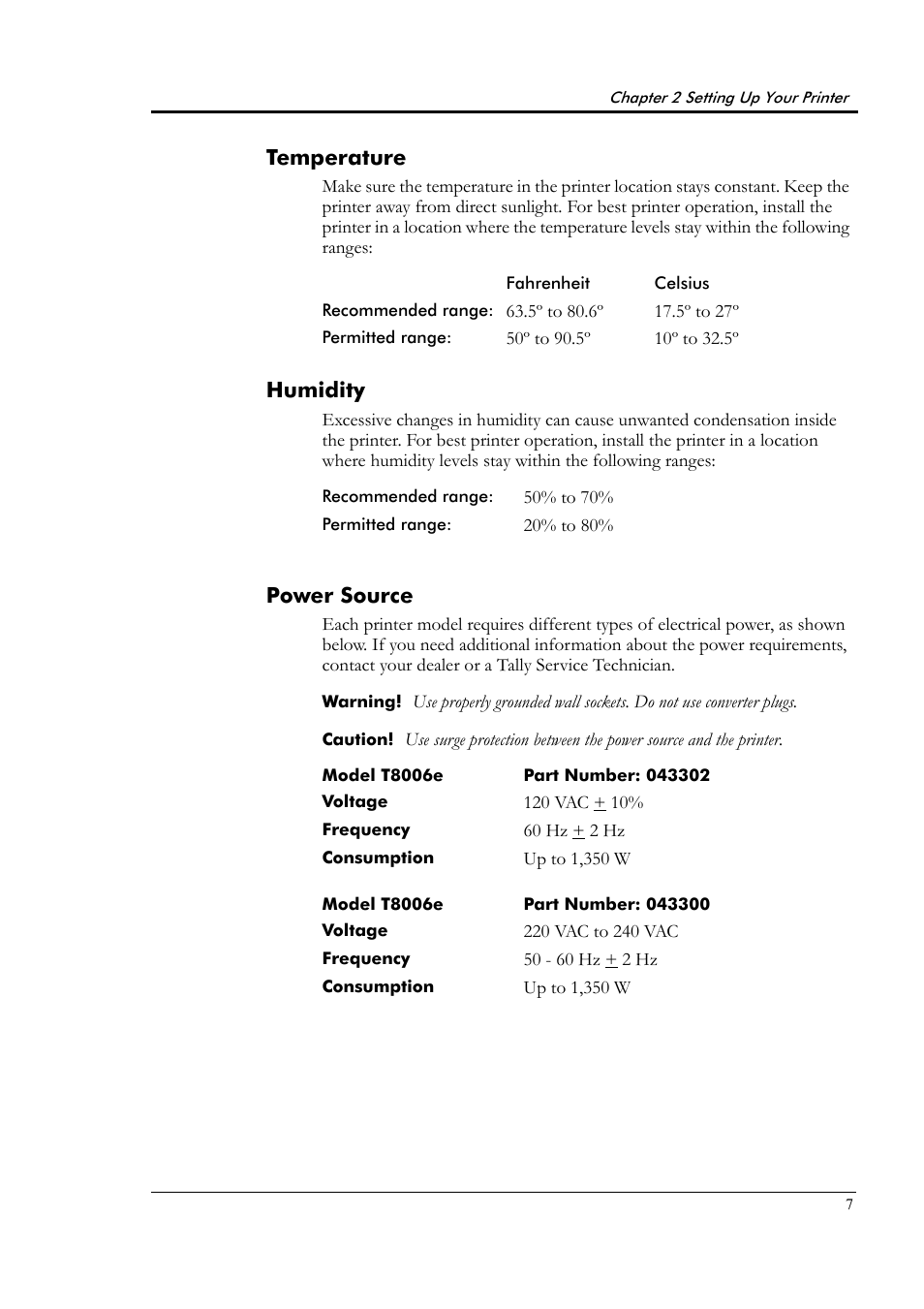 Temperature, Humidity, Power source | Tally Genicom Tally Colour Laser T8006e User Manual | Page 15 / 200