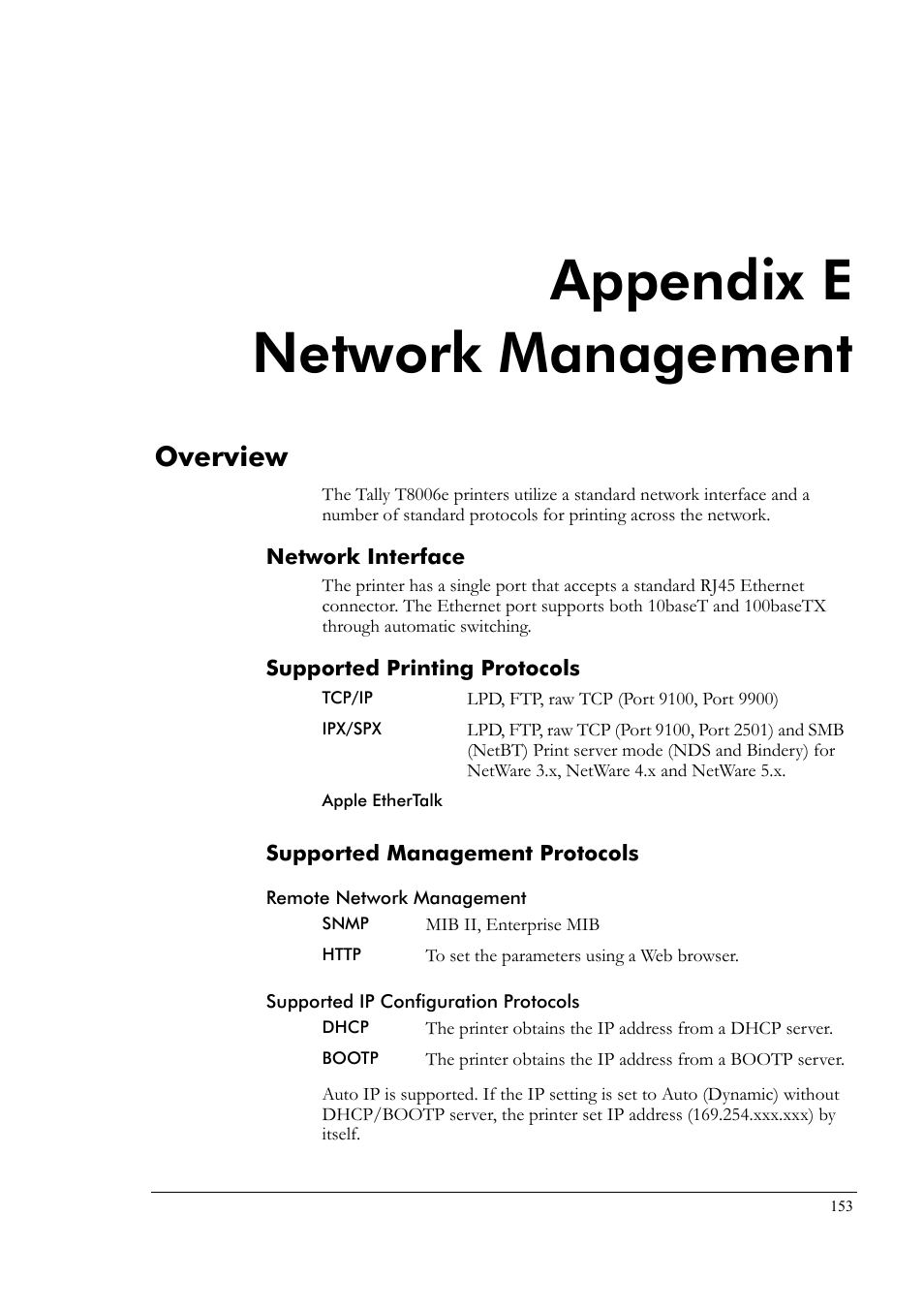 Appendix e network management, Overview, Network interface | Supported printing protocols, Supported management protocols, Remote network management, Supported ip configuration protocols, Appendix e, Network management | Tally Genicom Tally Colour Laser T8006e User Manual | Page 161 / 200