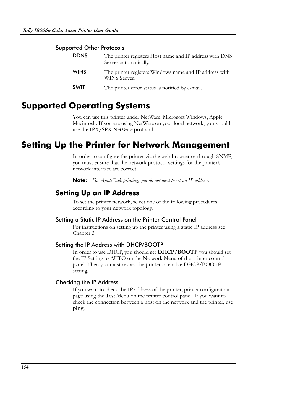 Supported other protocols, Supported operating systems, Setting up the printer for network management | Setting up an ip address, Setting the ip address with dhcp/bootp, Checking the ip address | Tally Genicom Tally Colour Laser T8006e User Manual | Page 162 / 200