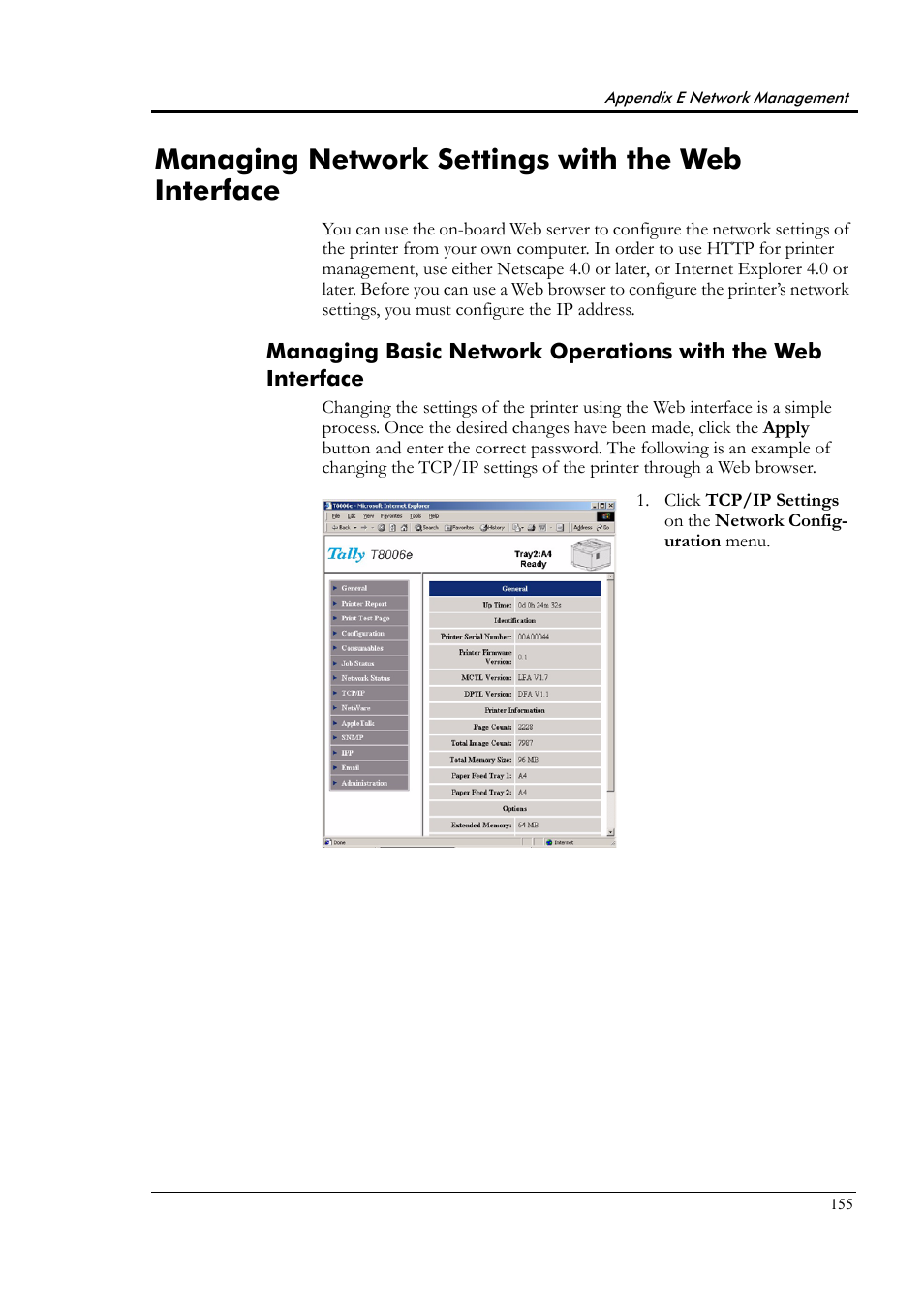 Managing network settings with the web interface, Managing network settings with the web interface | Tally Genicom Tally Colour Laser T8006e User Manual | Page 163 / 200