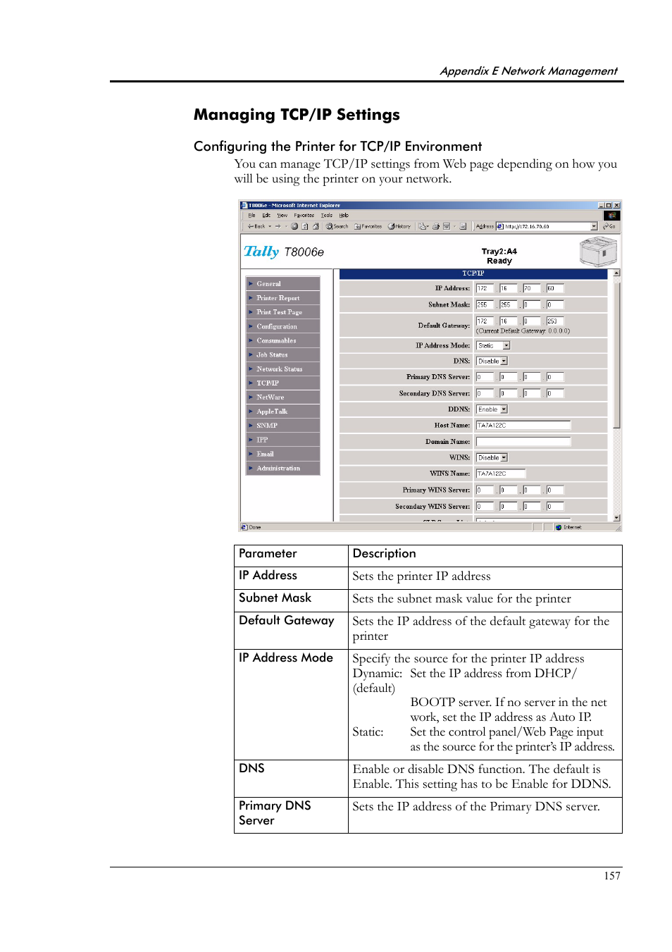 Managing tcp/ip settings, Configuring the printer for tcp/ip environment | Tally Genicom Tally Colour Laser T8006e User Manual | Page 165 / 200