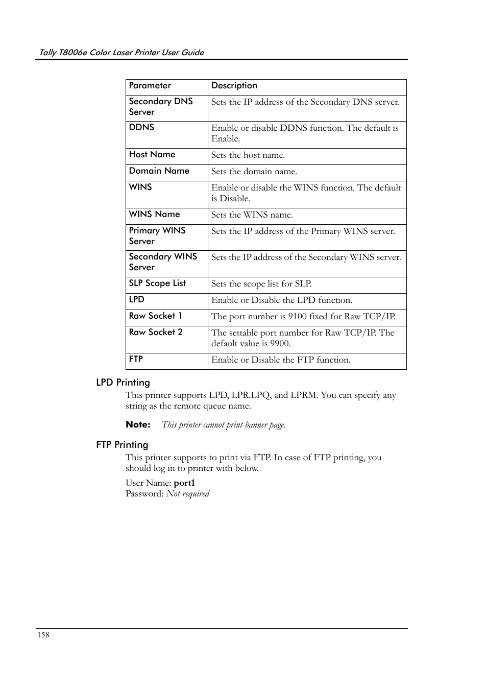Lpd printing, Ftp printing | Tally Genicom Tally Colour Laser T8006e User Manual | Page 166 / 200