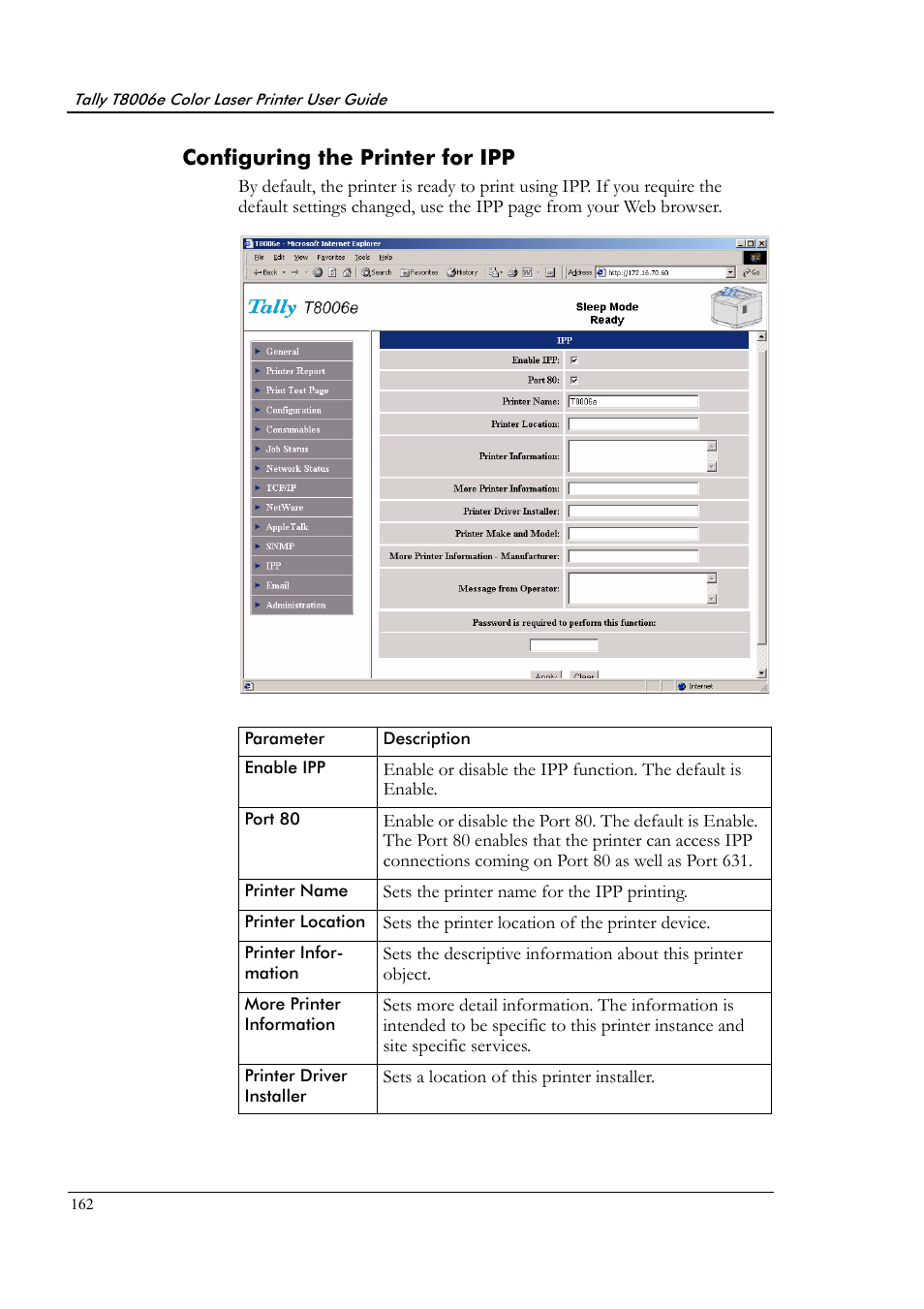 Configuring the printer for ipp | Tally Genicom Tally Colour Laser T8006e User Manual | Page 170 / 200