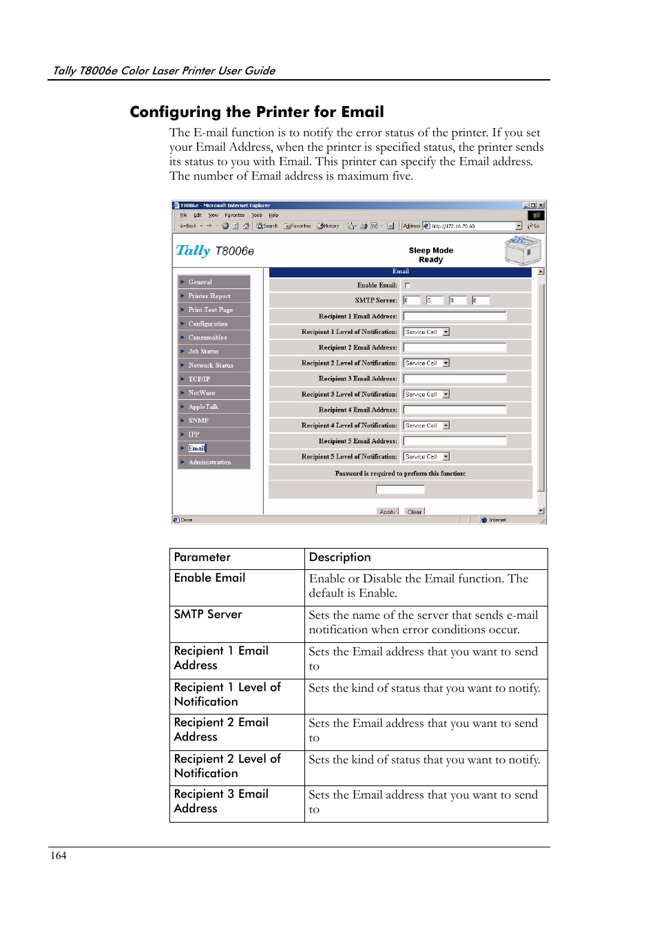 Configuring the printer for email | Tally Genicom Tally Colour Laser T8006e User Manual | Page 172 / 200