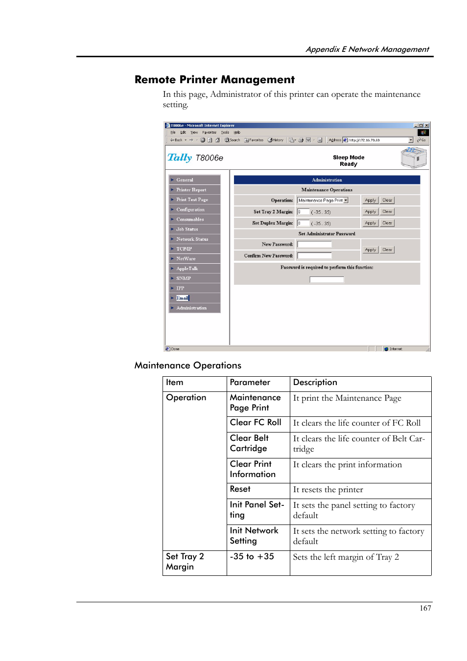Remote printer management, Maintenance operations | Tally Genicom Tally Colour Laser T8006e User Manual | Page 175 / 200