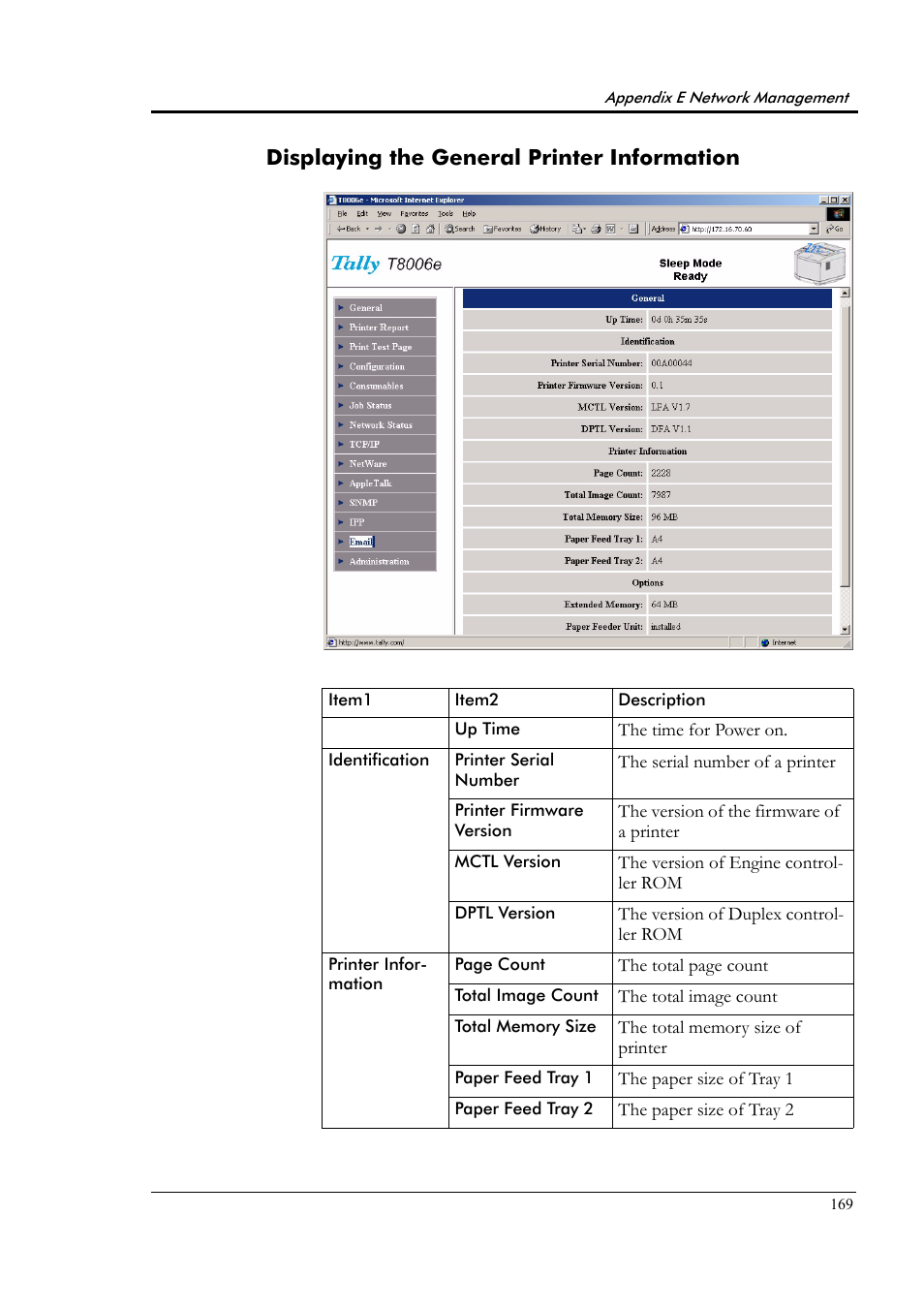 Displaying the general printer information | Tally Genicom Tally Colour Laser T8006e User Manual | Page 177 / 200