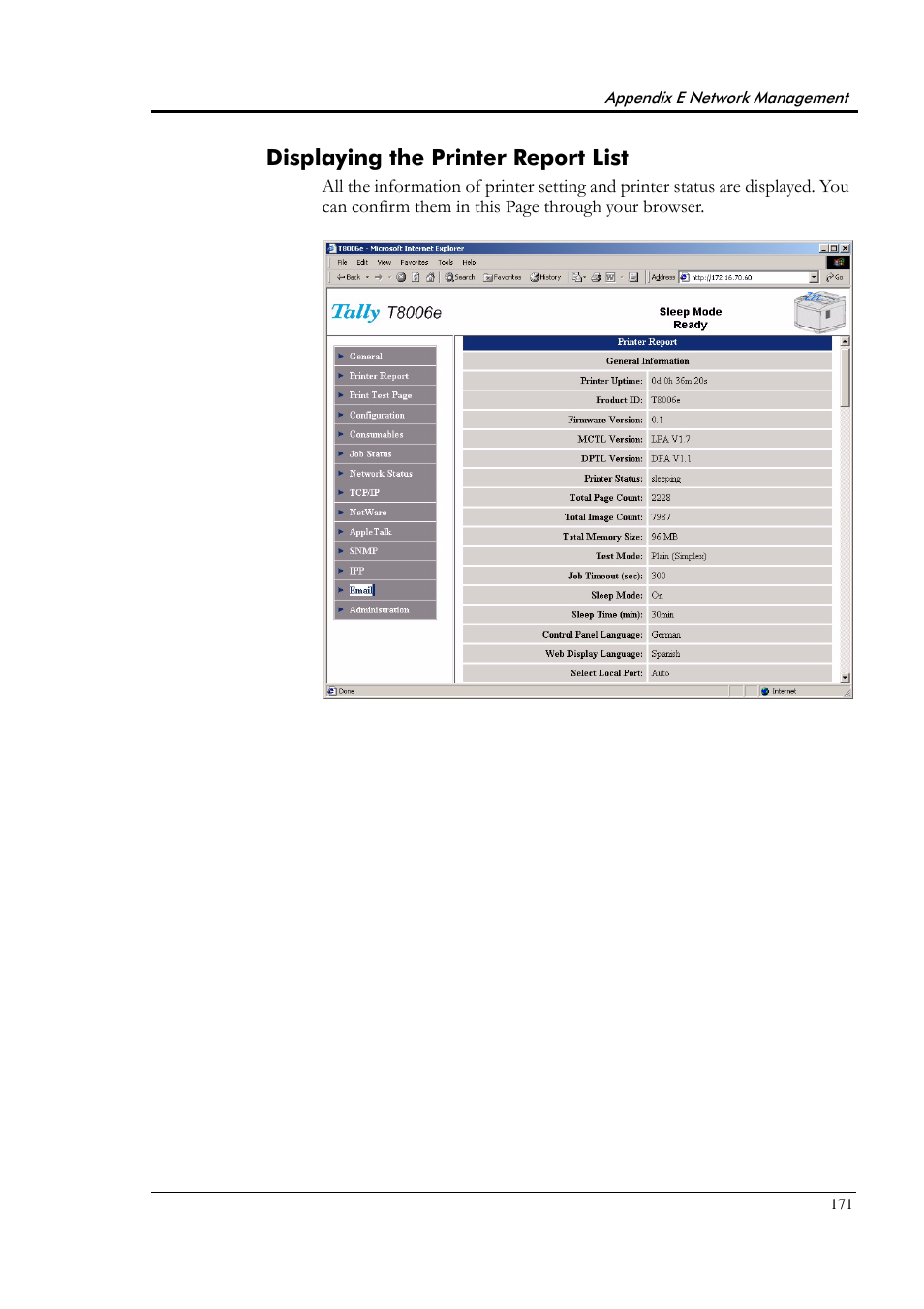 Displaying the printer report list | Tally Genicom Tally Colour Laser T8006e User Manual | Page 179 / 200