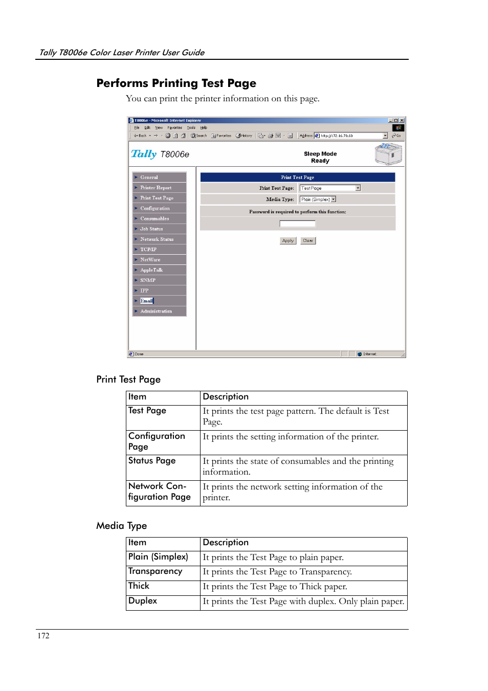 Media type, Performs printing test page | Tally Genicom Tally Colour Laser T8006e User Manual | Page 180 / 200