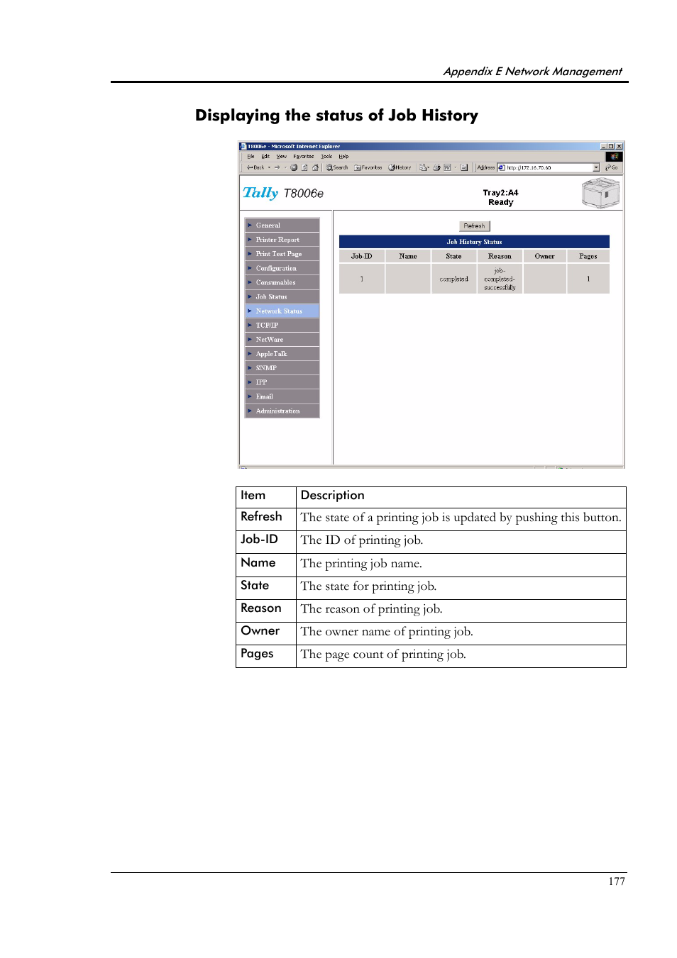 Displaying the status of job history | Tally Genicom Tally Colour Laser T8006e User Manual | Page 185 / 200