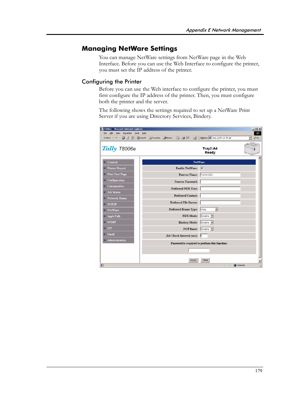 Managing netware settings, Configuring the printer | Tally Genicom Tally Colour Laser T8006e User Manual | Page 187 / 200
