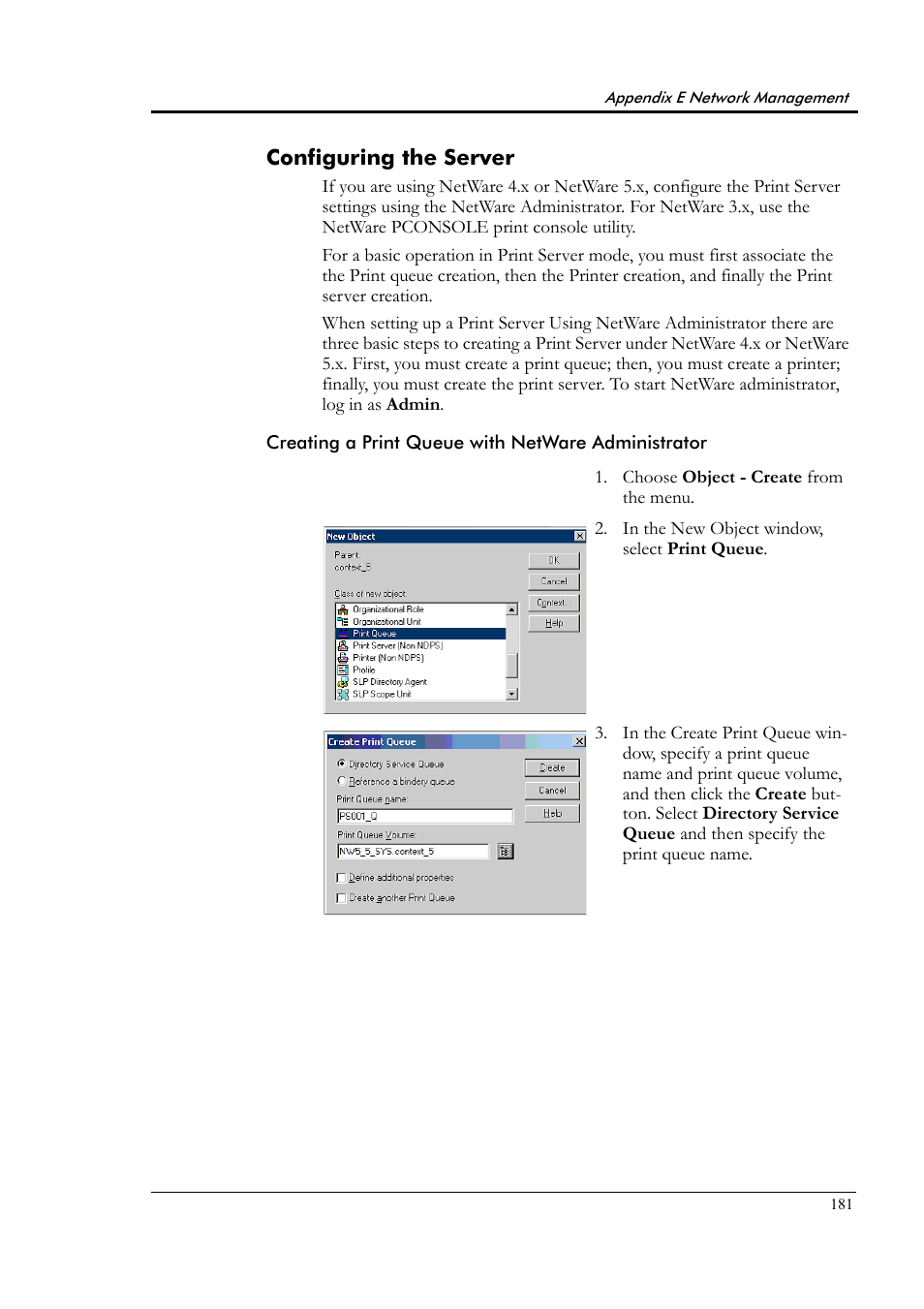 Configuring the server, Creating a print queue with netware administrator | Tally Genicom Tally Colour Laser T8006e User Manual | Page 189 / 200