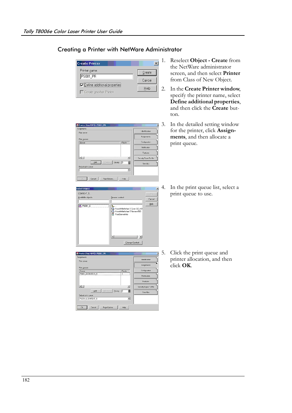 Creating a printer with netware administrator | Tally Genicom Tally Colour Laser T8006e User Manual | Page 190 / 200