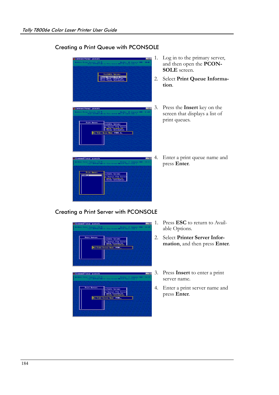 Creating a print queue with pconsole, Creating a print server with pconsole | Tally Genicom Tally Colour Laser T8006e User Manual | Page 192 / 200
