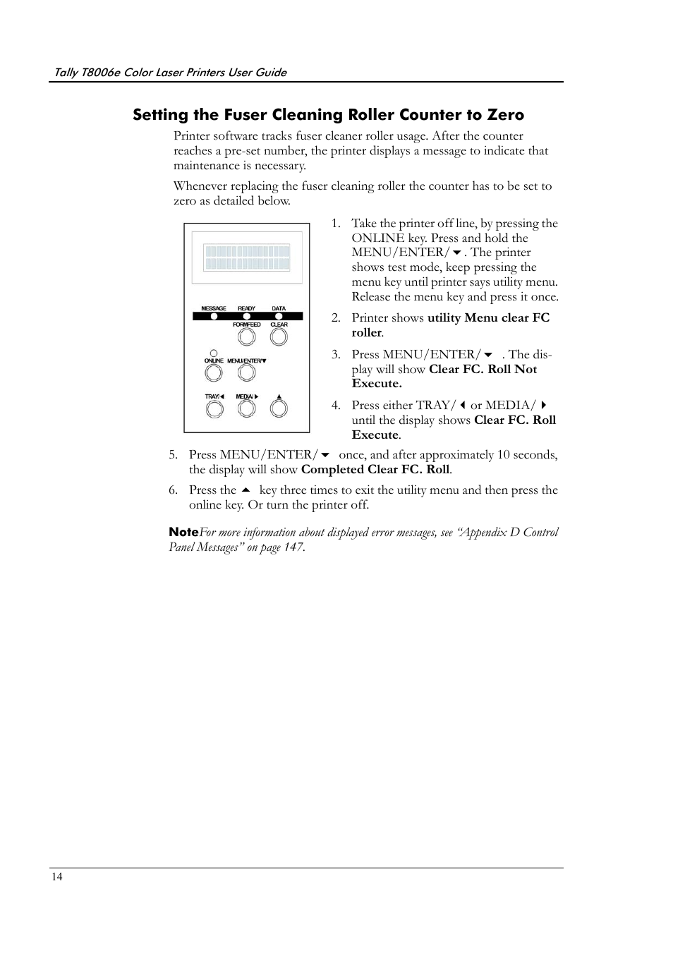 Setting the fuser cleaning roller counter to zero | Tally Genicom Tally Colour Laser T8006e User Manual | Page 22 / 200