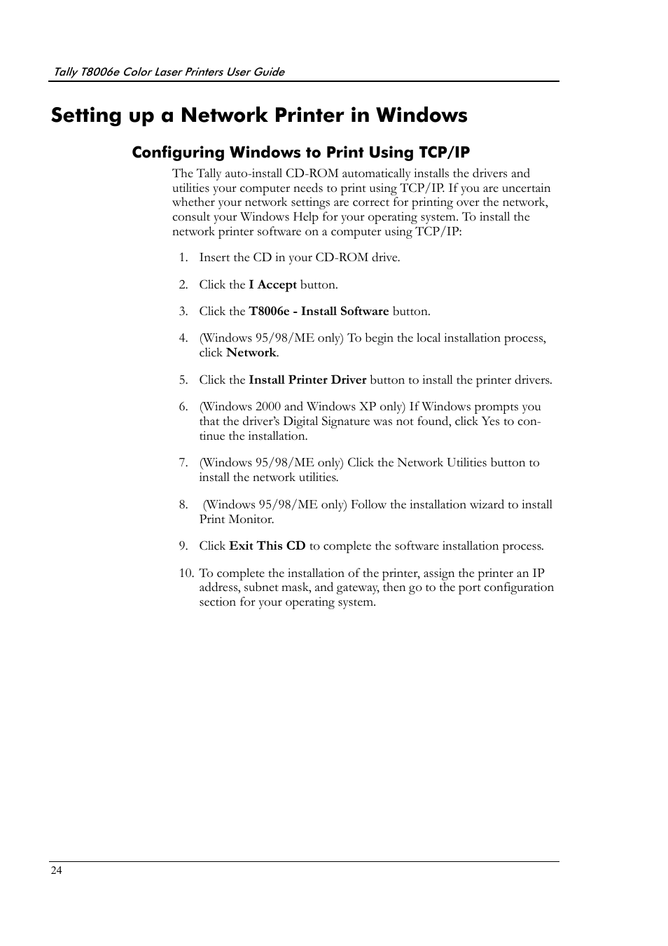 Setting up a network printer in windows, Configuring windows to print using tcp/ip | Tally Genicom Tally Colour Laser T8006e User Manual | Page 32 / 200