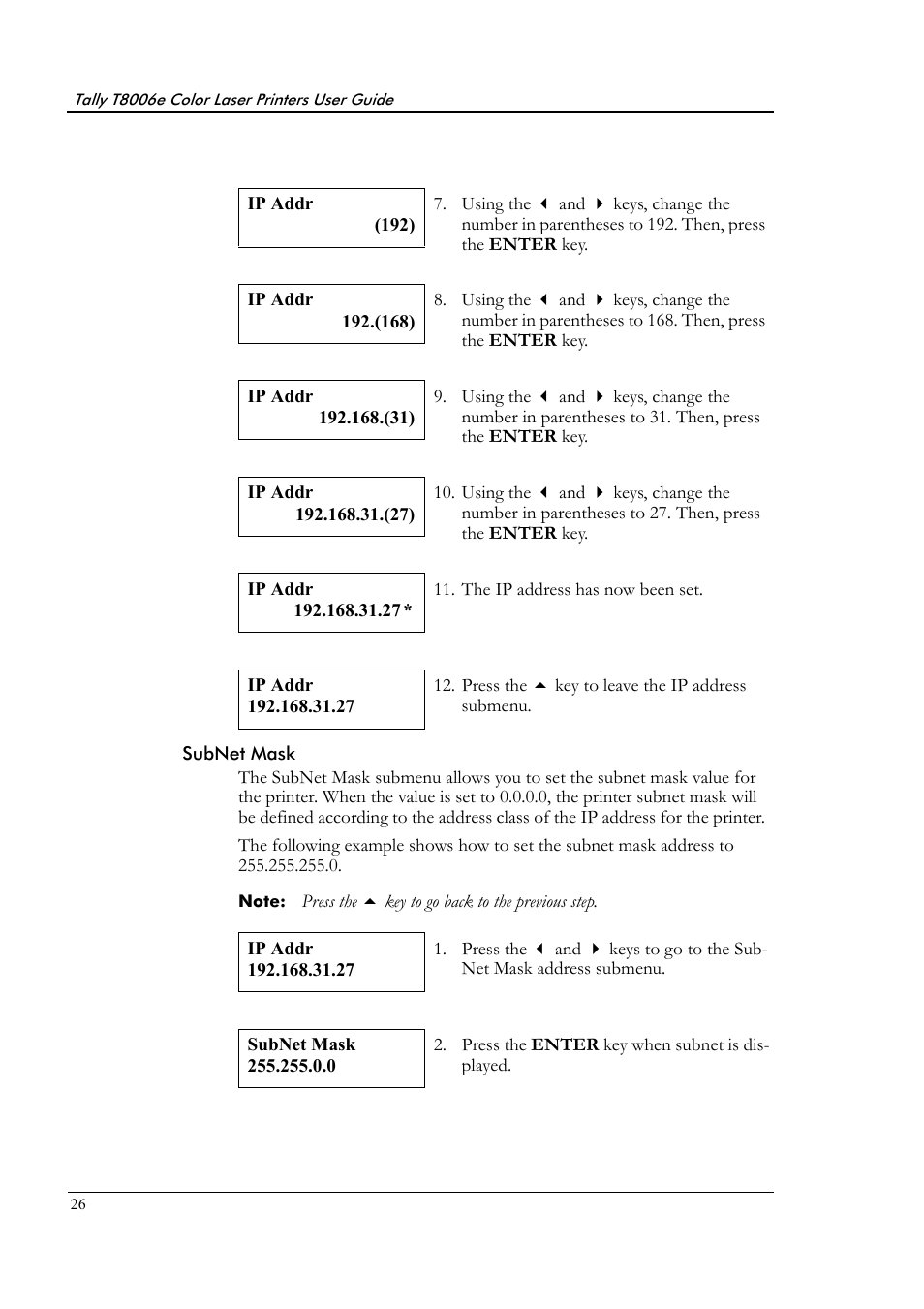 Subnet mask | Tally Genicom Tally Colour Laser T8006e User Manual | Page 34 / 200