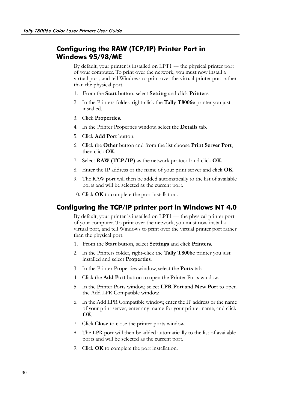 Configuring the raw (tcp/ip) printer port, In windows 95/98/me | Tally Genicom Tally Colour Laser T8006e User Manual | Page 38 / 200