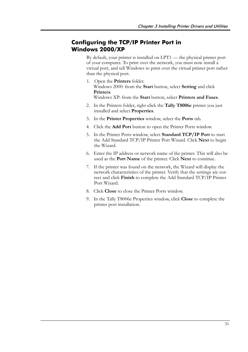 Configuring the tcp/ip printer port in, Windows 2000/xp | Tally Genicom Tally Colour Laser T8006e User Manual | Page 39 / 200