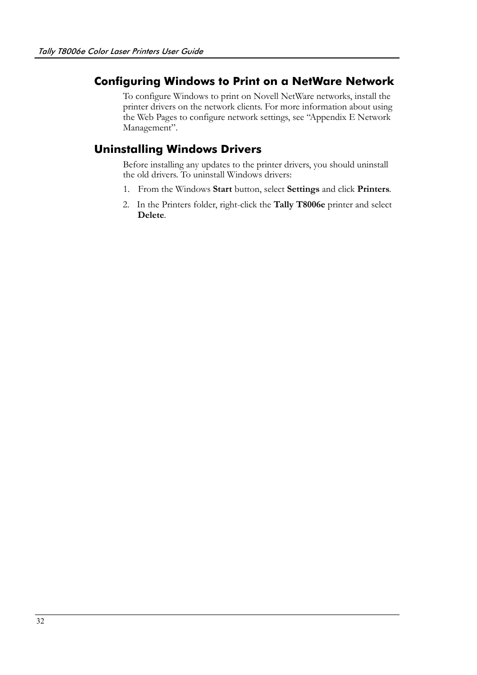 Configuring windows to print on a netware network, Uninstalling windows drivers | Tally Genicom Tally Colour Laser T8006e User Manual | Page 40 / 200