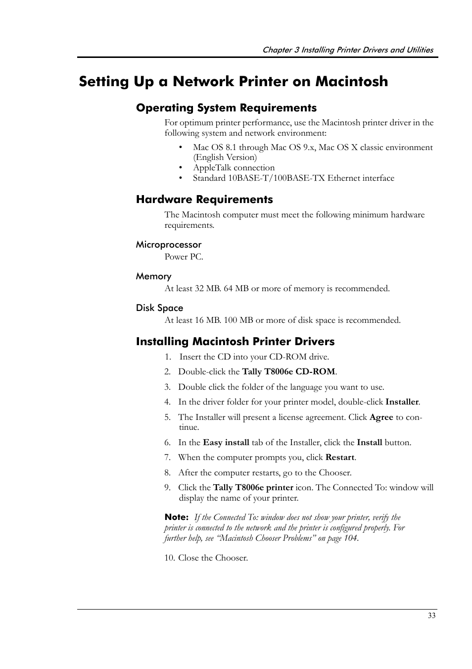 Setting up a network printer on macintosh, Operating system requirements, Hardware requirements | Microprocessor, Memory, Disk space, Installing macintosh printer drivers | Tally Genicom Tally Colour Laser T8006e User Manual | Page 41 / 200