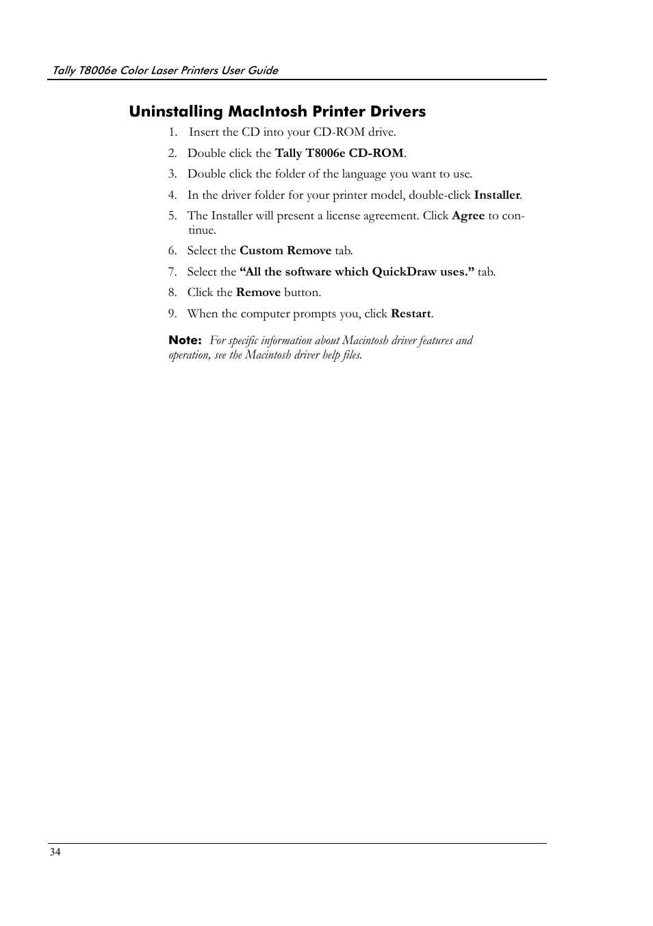 Uninstalling macintosh printer drivers | Tally Genicom Tally Colour Laser T8006e User Manual | Page 42 / 200