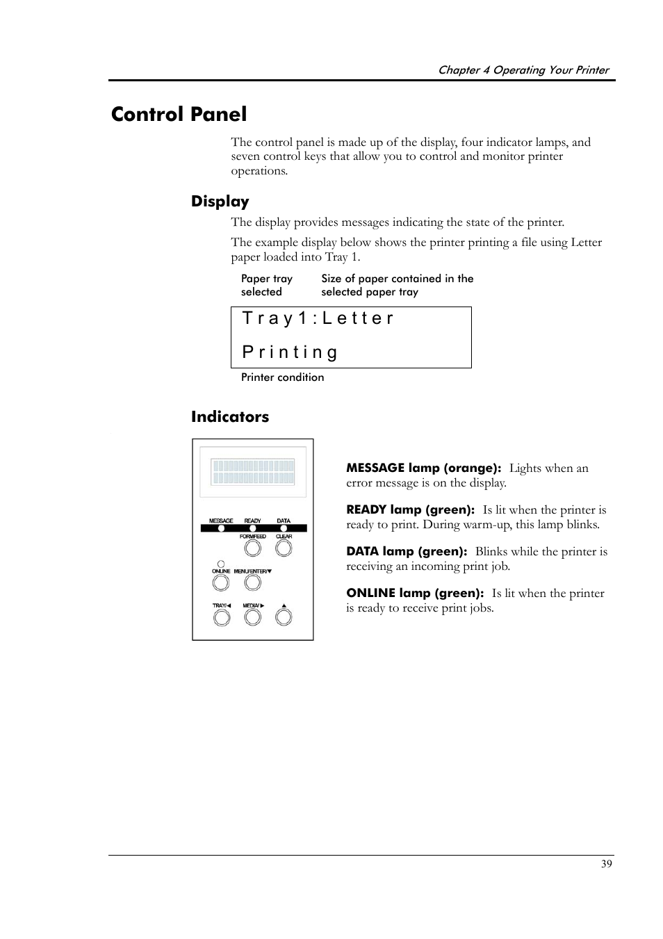 Control panel, Display, Indicators | Tally Genicom Tally Colour Laser T8006e User Manual | Page 47 / 200