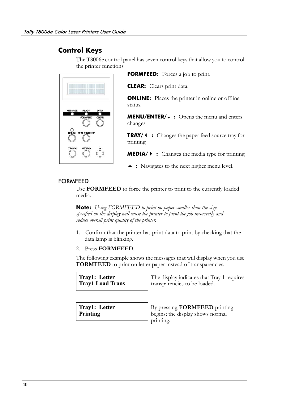 Control keys, Formfeed | Tally Genicom Tally Colour Laser T8006e User Manual | Page 48 / 200