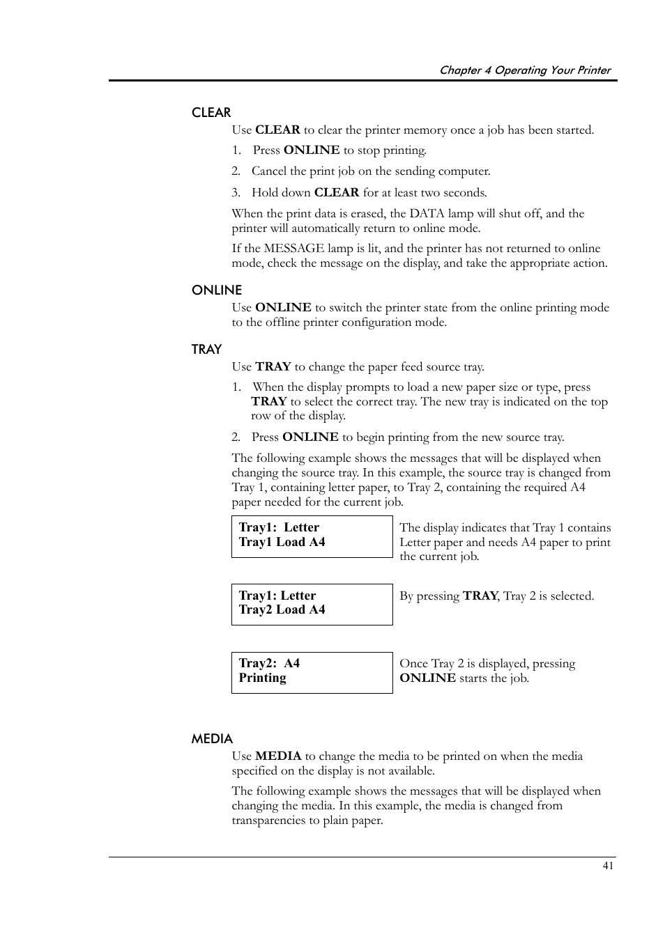 Clear, Online, Tray | Media | Tally Genicom Tally Colour Laser T8006e User Manual | Page 49 / 200