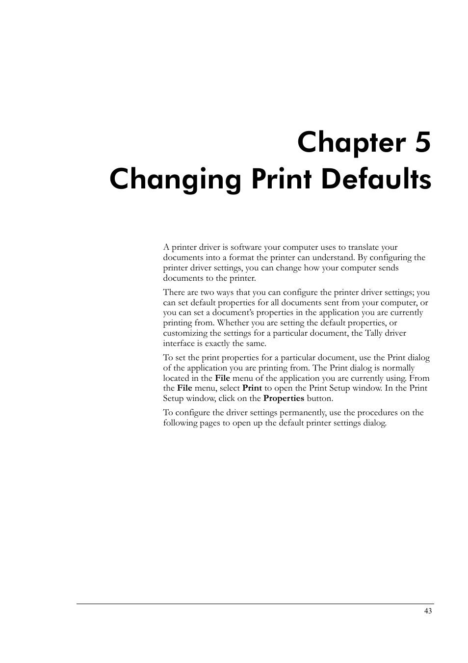 Chapter 5 changing print defaults, Chapter 5, Changing print defaults | Tally Genicom Tally Colour Laser T8006e User Manual | Page 51 / 200