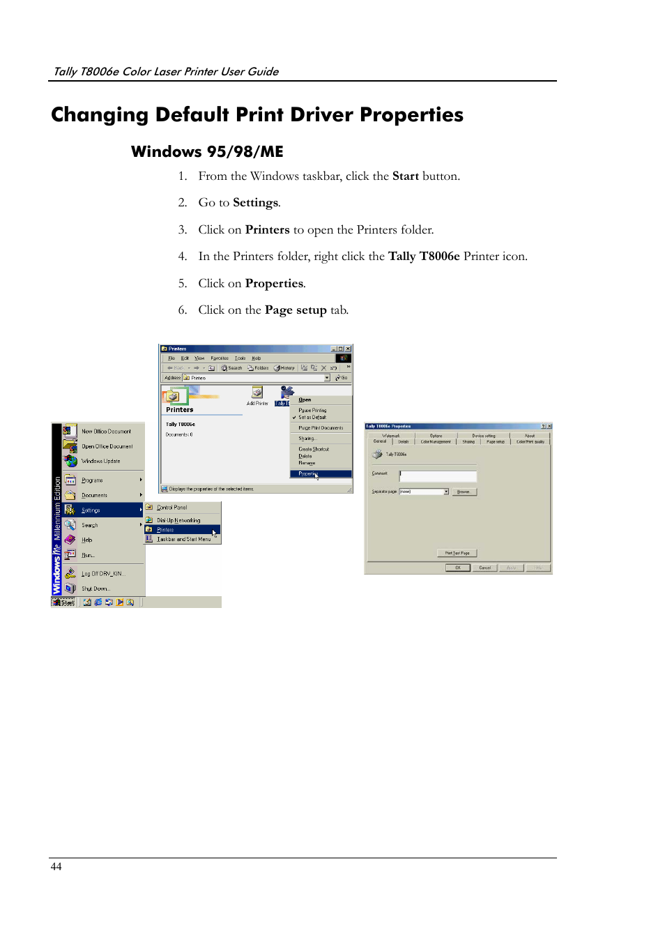 Changing default print driver properties, Windows 95/98/me | Tally Genicom Tally Colour Laser T8006e User Manual | Page 52 / 200