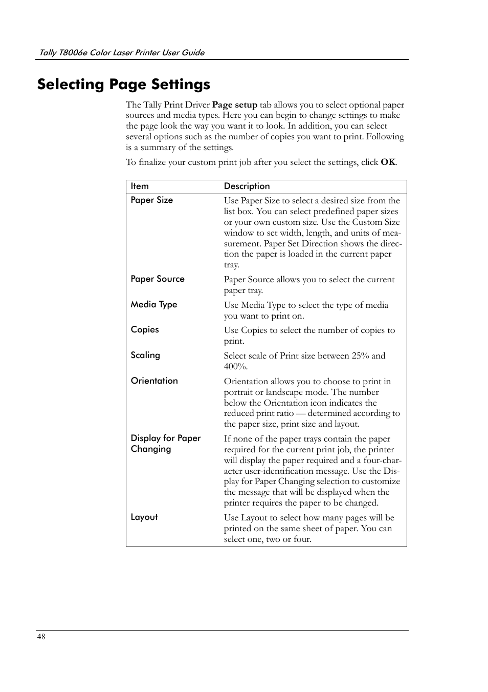 Selecting page settings | Tally Genicom Tally Colour Laser T8006e User Manual | Page 56 / 200