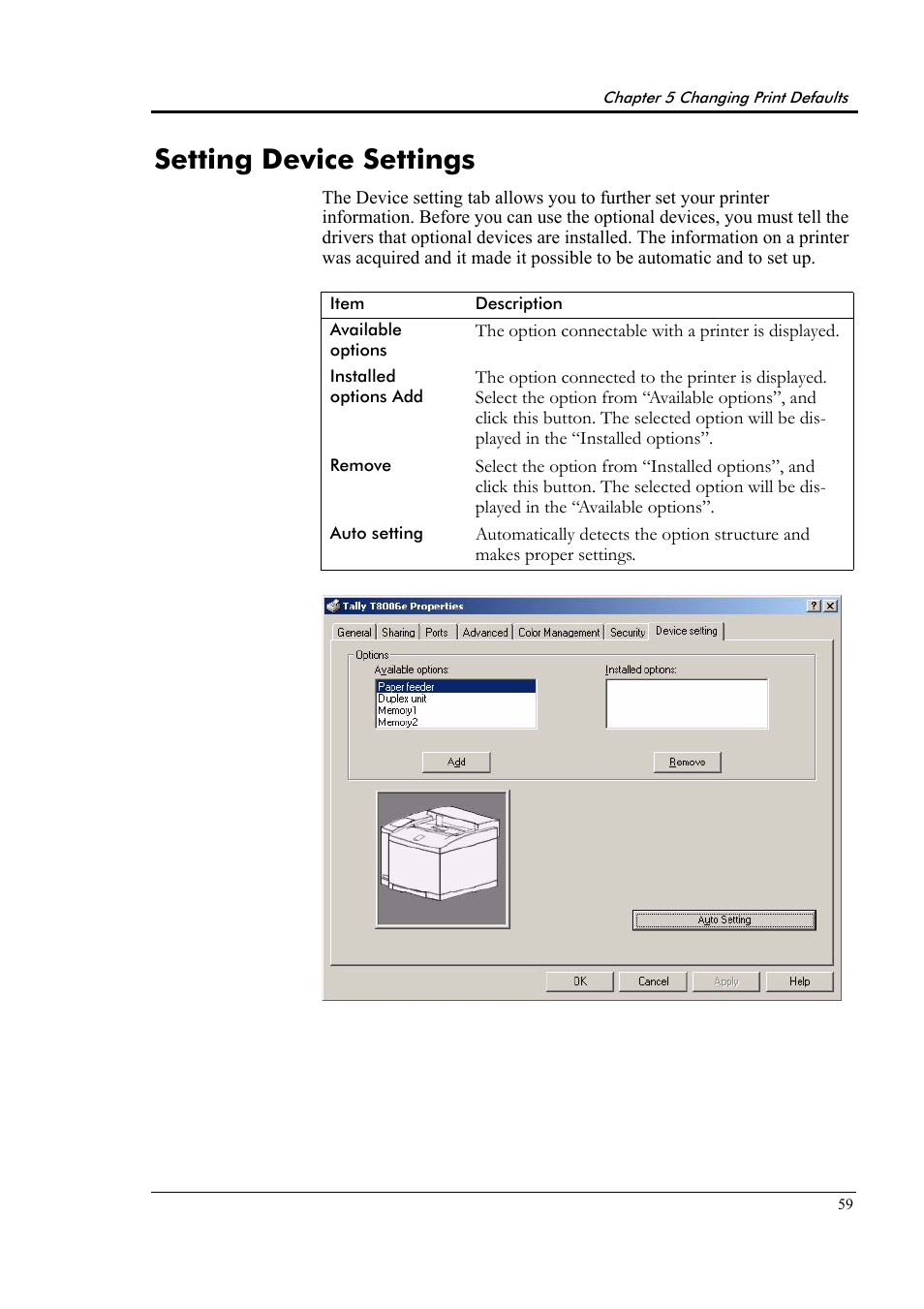 Setting device settings | Tally Genicom Tally Colour Laser T8006e User Manual | Page 67 / 200