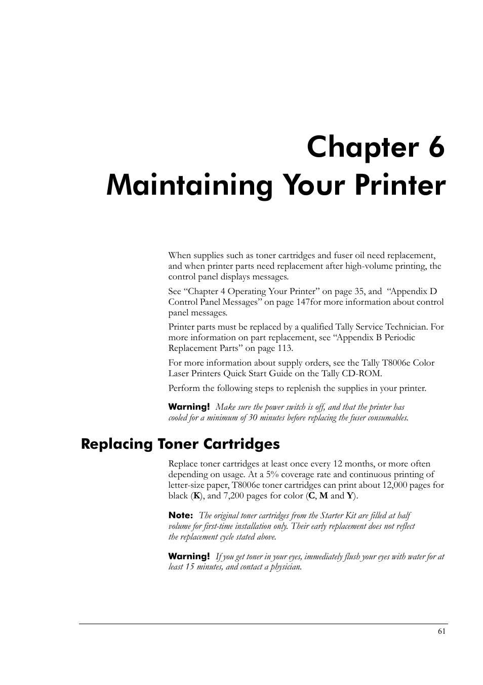 Chapter 6 maintaining your printer, Replacing toner cartridges, Chapter 6 | Maintaining your printer | Tally Genicom Tally Colour Laser T8006e User Manual | Page 69 / 200