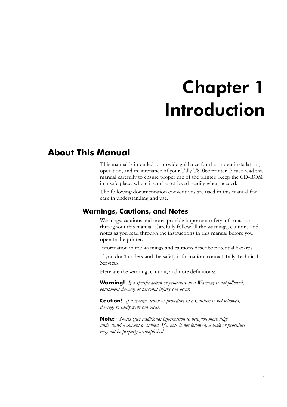 Chapter 1 introduction, About this manual, Warnings, cautions, and notes | Chapter 1, Introduction | Tally Genicom Tally Colour Laser T8006e User Manual | Page 9 / 200