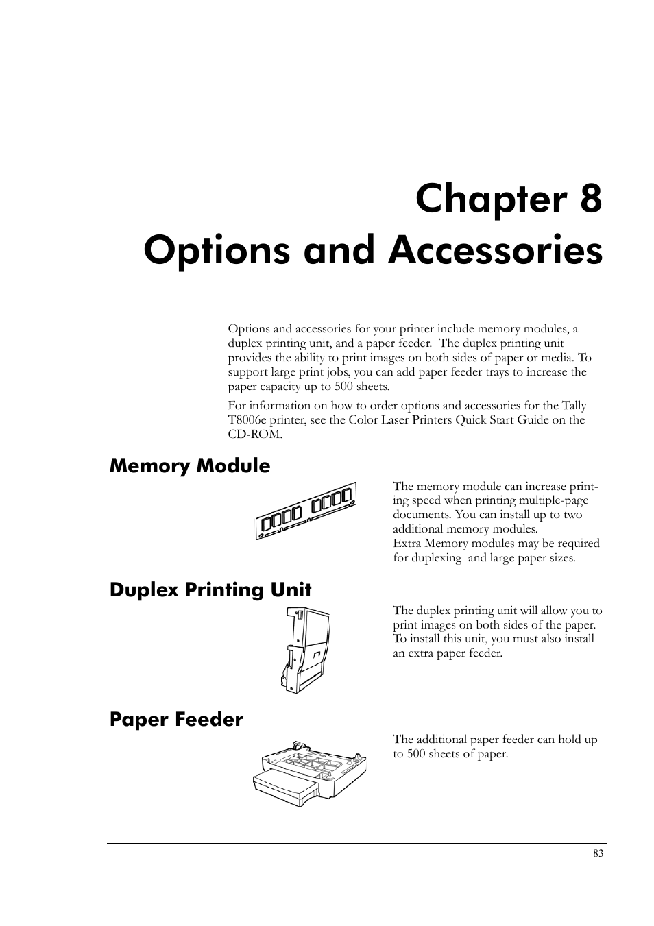 Chapter 8 options and accessories, Memory module, Duplex printing unit | Paper feeder, Chapter 8, Options and accessories, Memory module duplex printing unit paper feeder | Tally Genicom Tally Colour Laser T8006e User Manual | Page 91 / 200