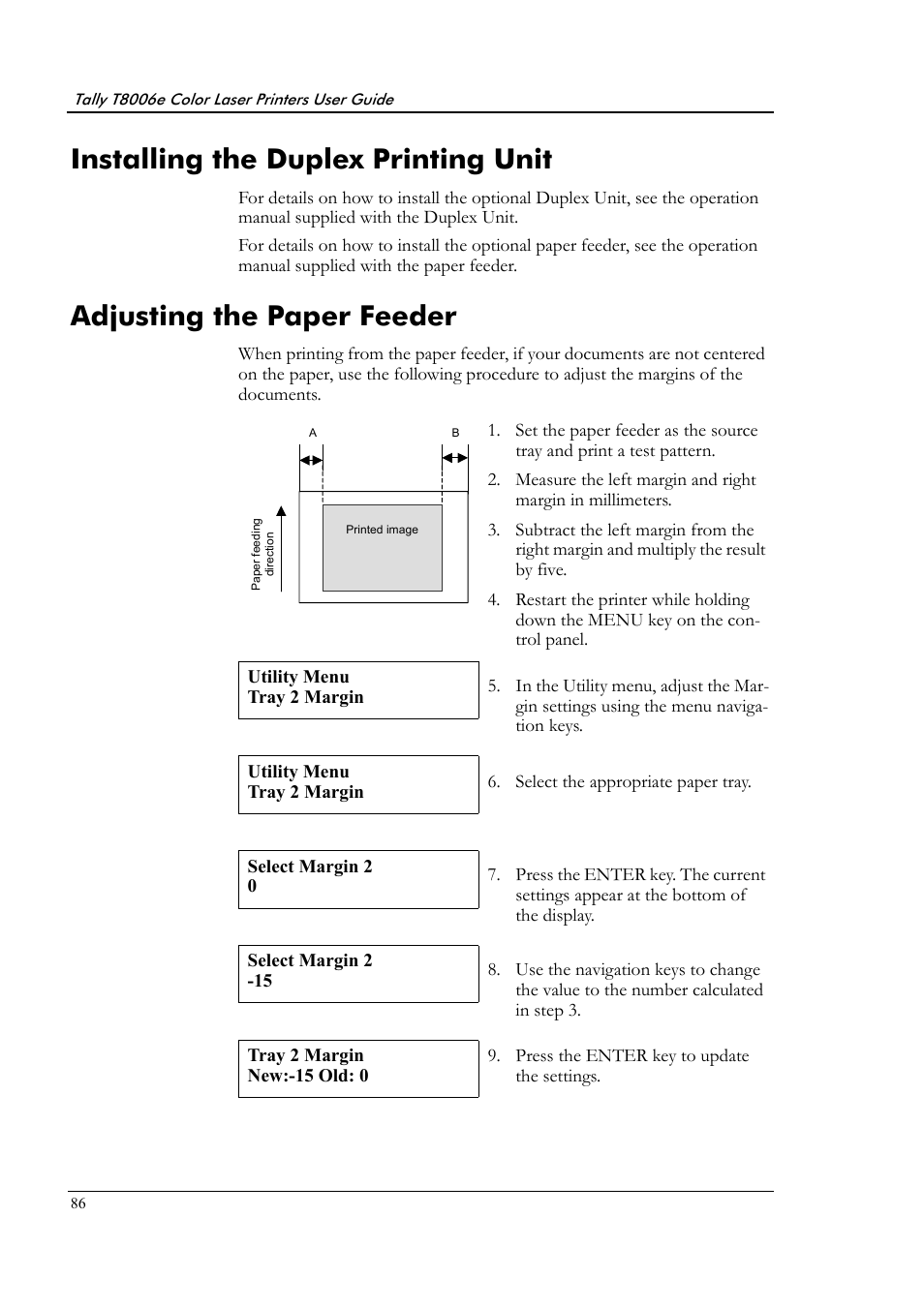 Installing the duplex printing unit, Adjusting the paper feeder | Tally Genicom Tally Colour Laser T8006e User Manual | Page 94 / 200