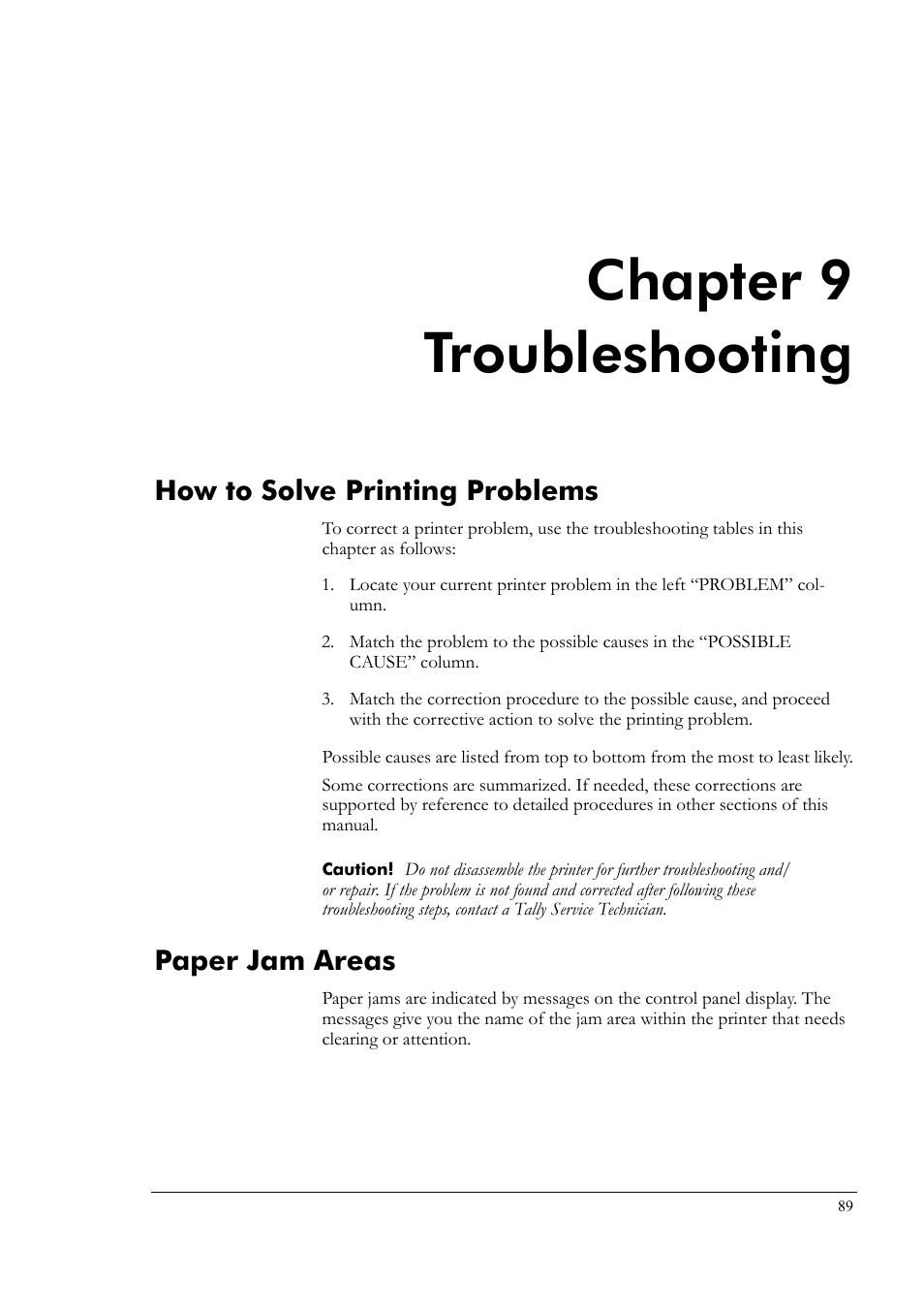 Chapter 9 troubleshooting, How to solve printing problems, Paper jam areas | Chapter 9, Troubleshooting, How to solve printing problems paper jam areas | Tally Genicom Tally Colour Laser T8006e User Manual | Page 97 / 200