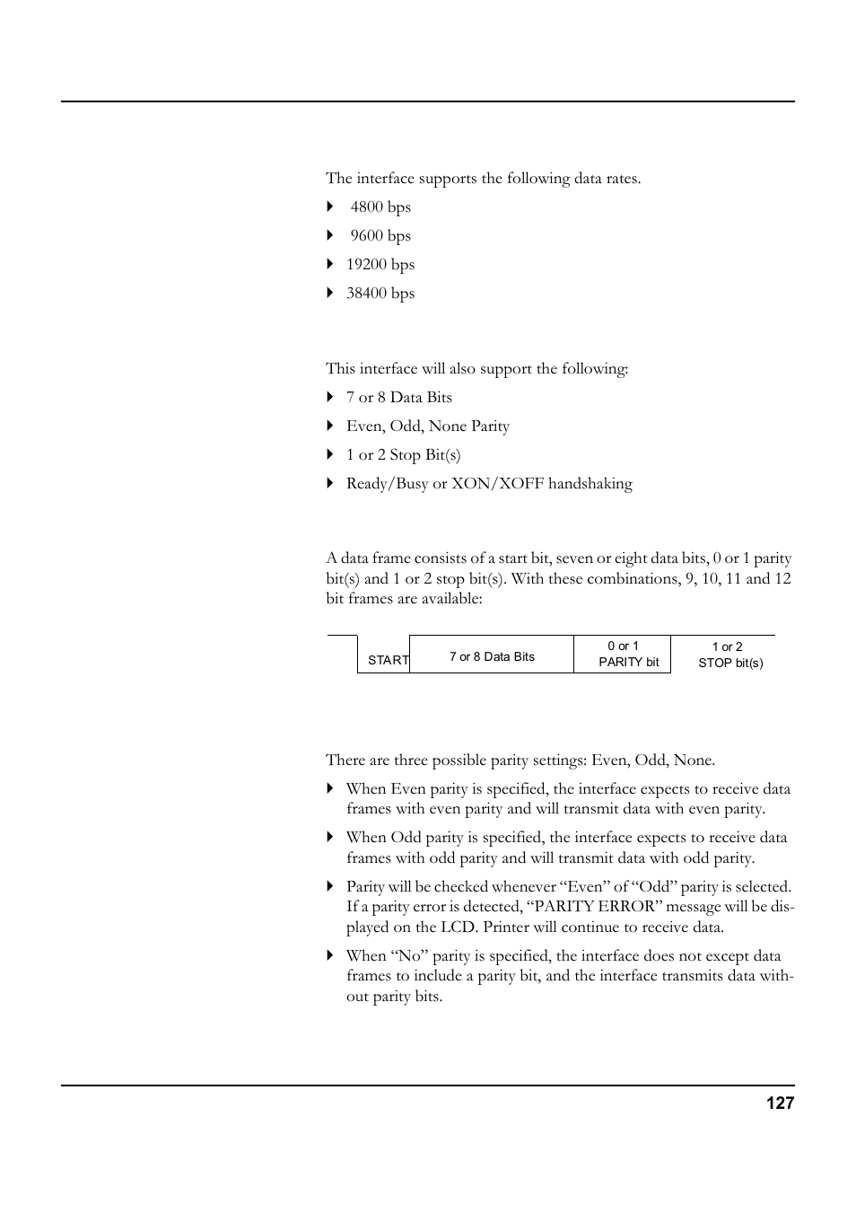 Serial attachment characteristics, Data rates, Supported protocols | Data transfer, Parity, Serial attachment characteristics, Serial attachment, Characteristics | Tally Genicom 5040 User Manual | Page 135 / 142
