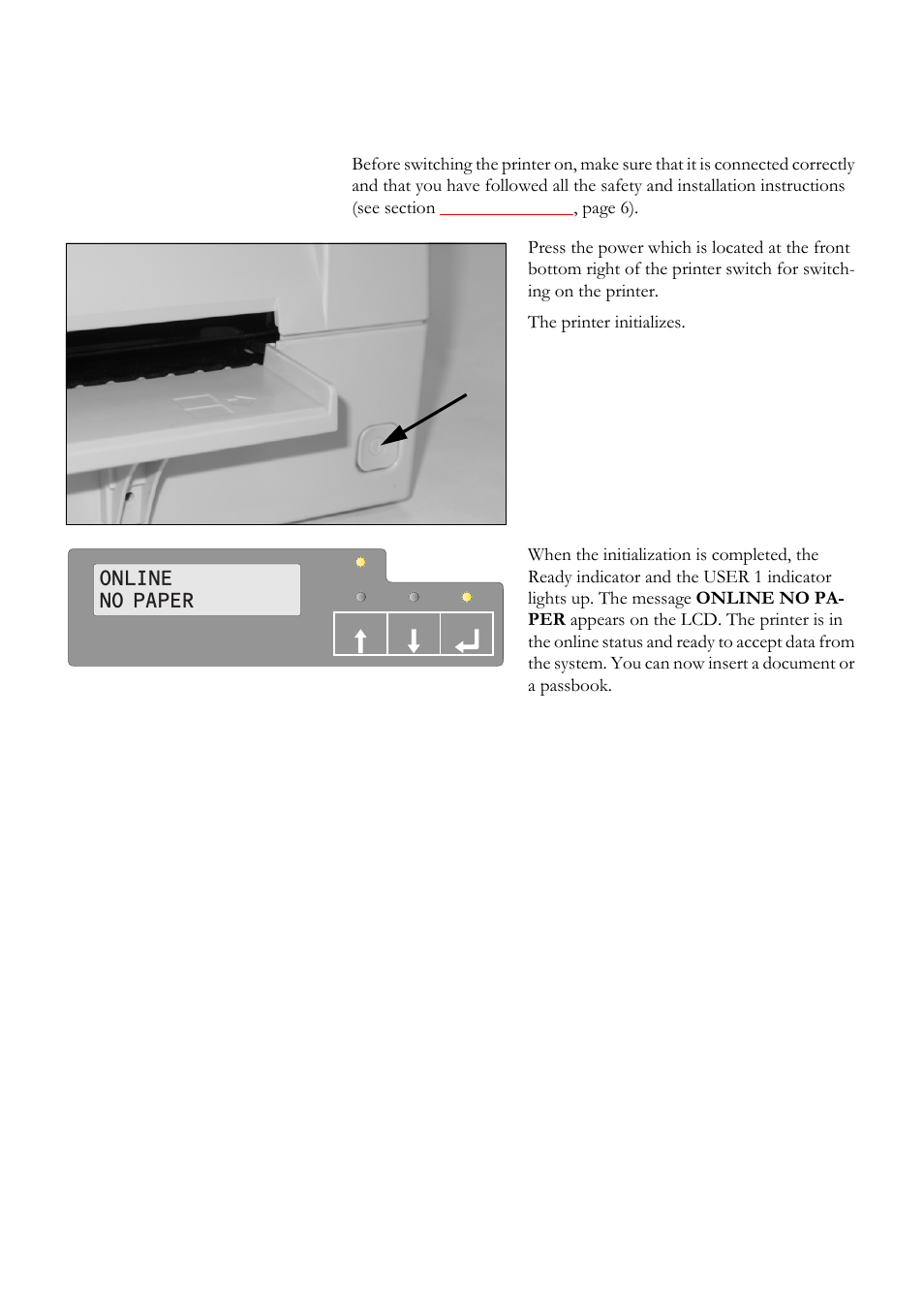 Switching on the printer, Online no paper | Tally Genicom 5040 User Manual | Page 18 / 142