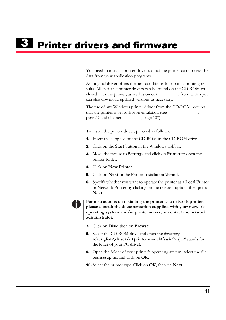 Printer drivers and firmware, Printer drivers, Installing a printer driver in windows 95/98 | Ter 3 | Tally Genicom 5040 User Manual | Page 19 / 142