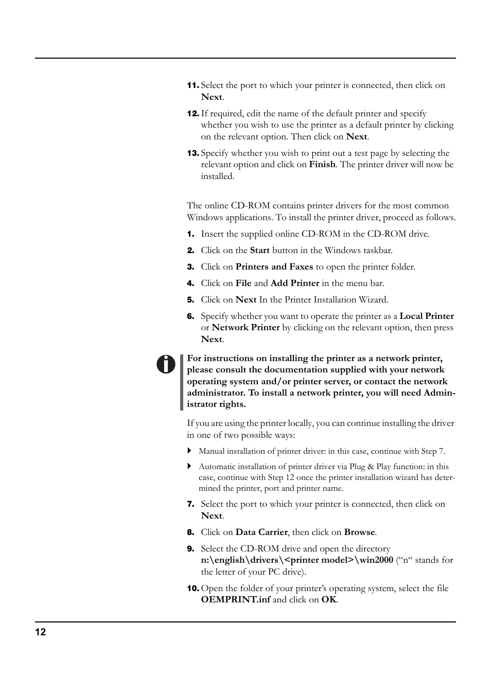 Installing a printer driver in windows 2000/xp | Tally Genicom 5040 User Manual | Page 20 / 142
